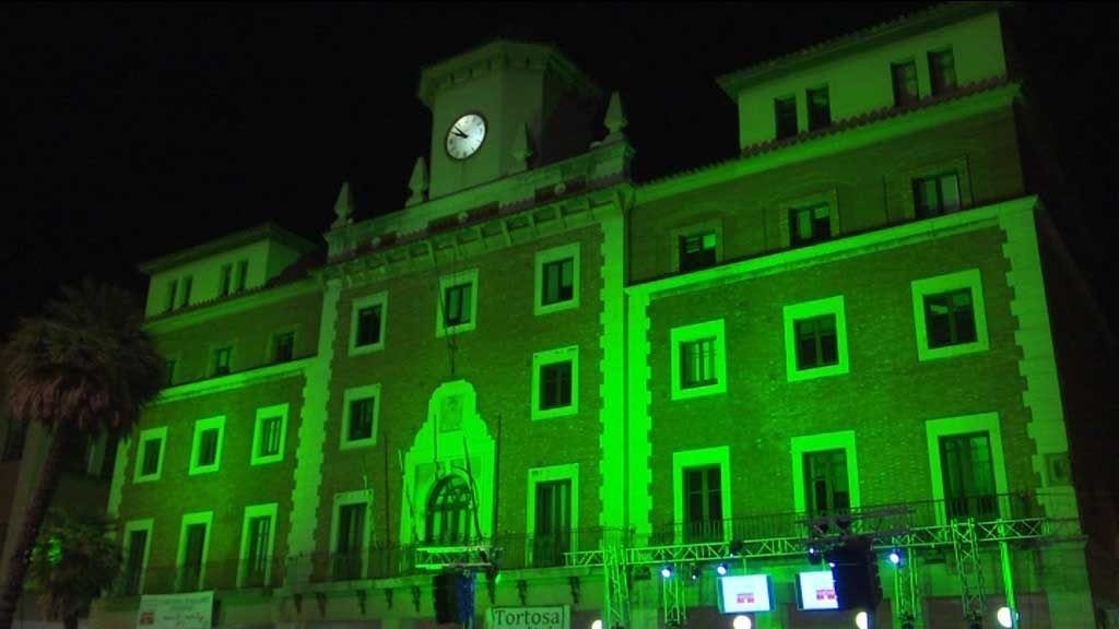La façana de l'ajuntament de Tortosa il·luminada de verd