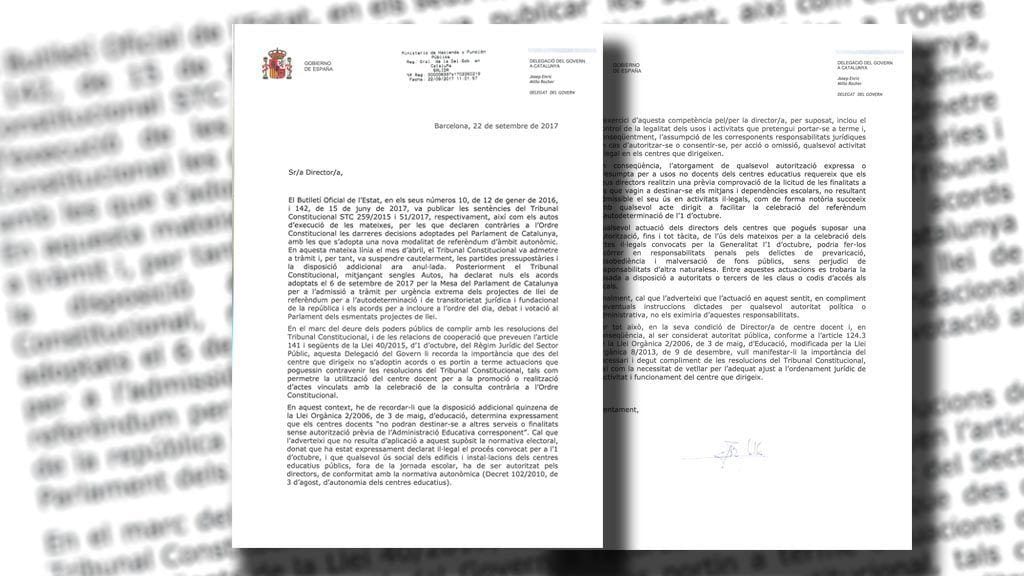 El delegat del govern espanyol adverteix els directors d’instituts que no permeten l’1-O