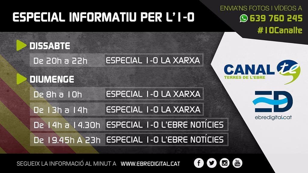 Canal Terres de l’Ebre emetrà més de deu hores d’informació amb motiu de l’1-O