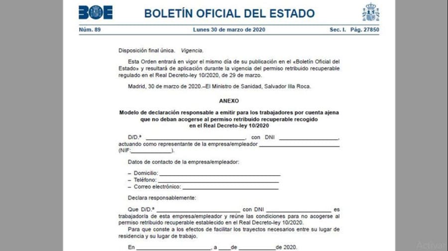 El BOE publica el model de declaració responsable perquè els treballadors essencials puguin anar a la feina